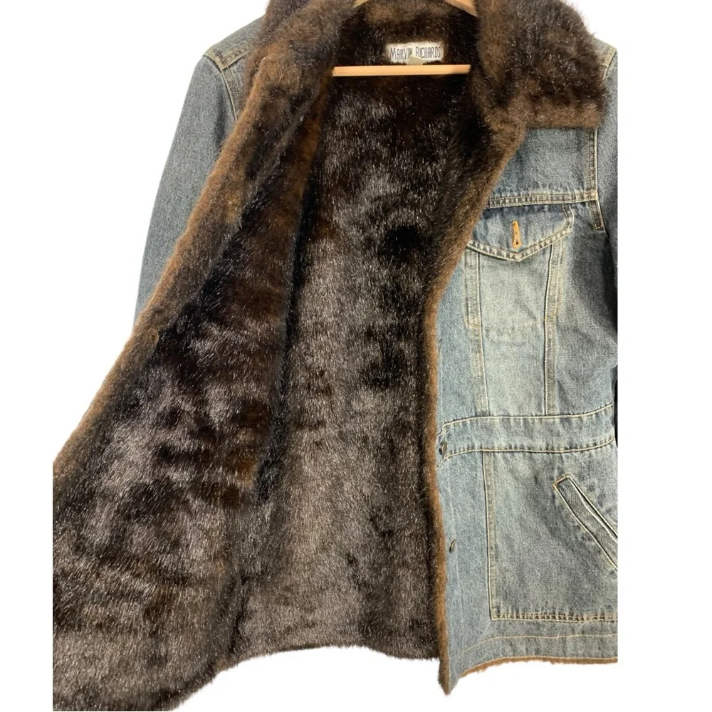 Vintage Marvin Richards Denim Faux Fur Lined Jacket Size Large - Picture 9 of 12